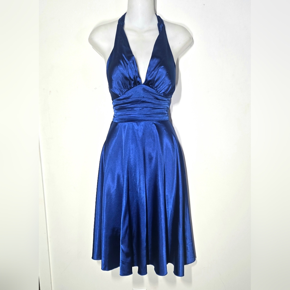 Royal Blue Satin Marilyn Monroe 1950s Swing Halter Dress